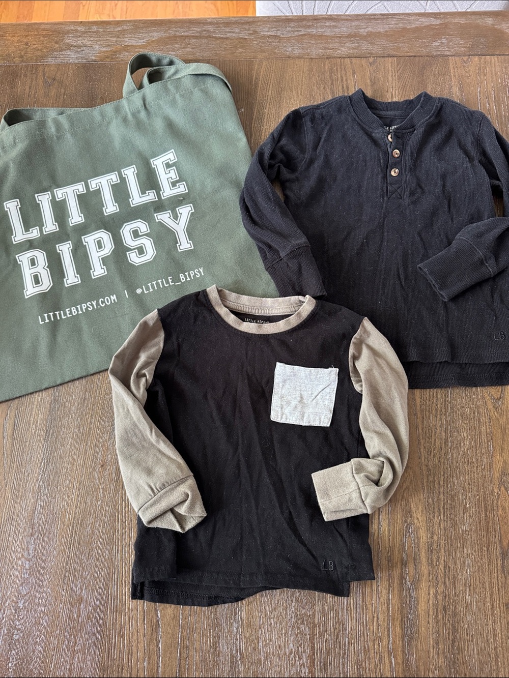 Little Bipsy Black Long Sleeve Kids Tee with Taupe Sleeves and Light Gray Pocket